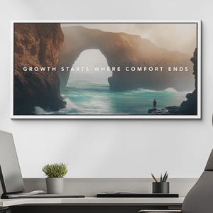 Inspirational Quote &quot;Growth Starts/Comfort Ends&quot; Motivational Canvas Wall Art, Inspirational Gift, Framed Canvas Print, Home Office Decor