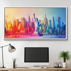 New York Rainbow City Building Landmarks Canvas Wall Art, Abstract Oil Painting Canvas Art Decor, Art Print for Living Room, Bedroom, Office