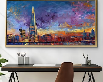 London City Building Skyline Landmark Canvas Wall Art, Abstract Oil Painting Canvas Art Decor, Art Print for Living Room, Bedroom, Office