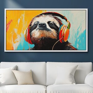 Sloth With Headphones Canvas Wall Art, Abstract Modern Oil Painting, Animal Art Gift, Framed Canvas Print, Home Decor Living Room Bedroom