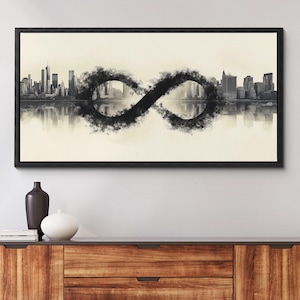 Modern Black and White Infinity Cityscape Canvas Wall Art – Skyline Painting for Home or Office Decor Canvas Art Framed Canvas Wall Decor