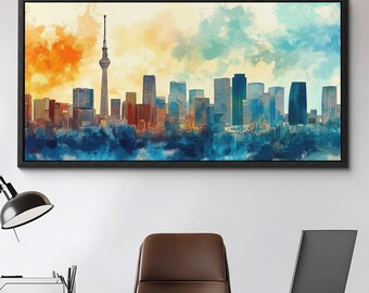 London City Building Skyline Landmark Canvas Wall Art, Abstract Oil Painting Canvas Art Decor, Art Print for Living Room, Bedroom, Office