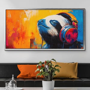 Sloth With Headphones Canvas Wall Art, Abstract Modern Oil Painting, Animal Art Gift, Framed Canvas Print, Home Decor Living Room Bedroom