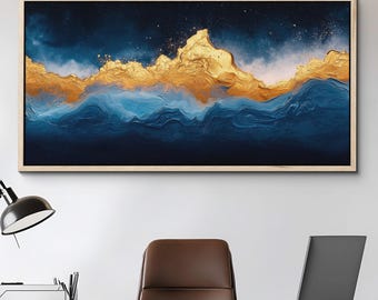 Abstract Blue and Gold Canvas Wall Art - Elegant Modern Paint Brush Stroke Decor for Office or Living Room Canvas Art Decor Gift For Home