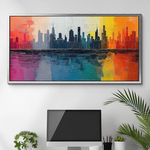 Rainbow Oil City Skyline Framed Canvas Art - Contemporary Urban Wall Decor, Ideal for Home, Office, or Apartment, Cityscape Painting Decor