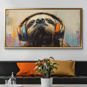 Sloth With Headphones Canvas Wall Art, Abstract Modern Oil Painting, Animal Art Gift, Framed Canvas Print, Home Decor Living Room Bedroom