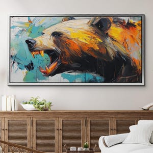 Colorful Bear Canvas Wall Art, Abstract Modern Oil Painting, Animal Art Gift, Framed Canvas Print, Home Decor Living Room Bedroom