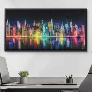 New York Rainbow City Building Landmarks Canvas Wall Art, Abstract Oil Painting Canvas Art Decor, Art Print for Living Room, Bedroom, Office