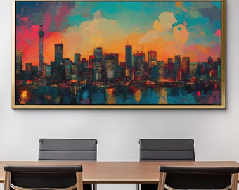 London City Building Skyline Landmark Canvas Wall Art, Abstract Oil Painting Canvas Art Decor, Art Print for Living Room, Bedroom, Office