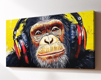Chimp With Headphones Canvas Wall Art, Abstract Modern Oil Painting, Animal Art Gift, Framed Canvas Print, Home Decor Living Room Bedroom
