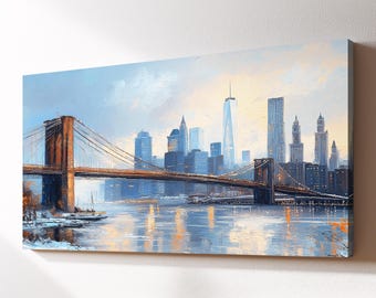Brooklyn Bridge New York City Landmark Canvas Wall Art, Abstract Oil Painting Watercolor Decor, Art Print for Living Room, Bedroom, Office