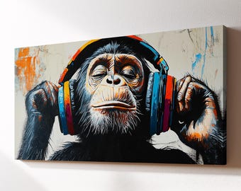 Chimp With Headphones Canvas Wall Art, Abstract Modern Oil Painting, Animal Art Gift, Framed Canvas Print, Home Decor Living Room Bedroom