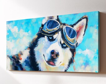 Husky Pilot Wall Art Canvas Wall Art, Aviator Dog Pet Oil Painting, Large Framed Canvas Print, Living Room Home Decor Dog Lover Gift