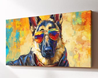 Cool German Shepherd In Sunglasses Canvas Wall Art, Biker Pet Oil Painting, Large Framed Canvas Print, Living Room Home Decor Dog Lover Gift