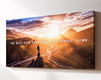 Best View Hardest Climb Mountains Motivational Wall Art, Inspirational Quote Framed Canvas for Office Decor, Entrepreneur Gift Poster Print