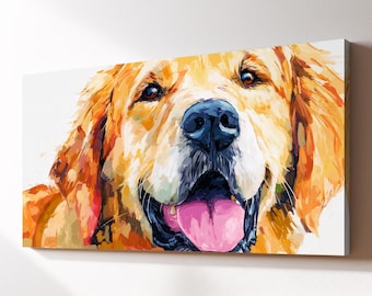 Golden Retriever Smile Canvas Wall Art, Colourful Dog Oil Painting, Large Framed Canvas Print, Living Room Home Decor Dog Lover Gift