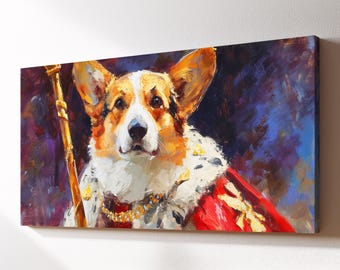 May include: A regal portrait of a Corgi dog wearing a red and white royal robe and a gold crown. The dog is holding a gold scepter. The background is a blend of purple and blue hues, creating a majestic and artistic feel.