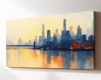 New York City Skyline Brooklyn Bridge Canvas Wall Art, Abstract Oil Painting Watercolor Decor, Art Print for Living Room, Bedroom, Office