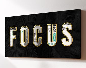 Focus Dollar Gold Lettering Motivational Wall Art, Inspirational Quote Framed Canvas for Office Decor, Entrepreneur Gift Poster Print