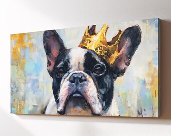 French Bulldog King Canvas Wall Art, Colorful Crown Pet Oil Painting, Large Framed Canvas Print, Living Room Home Decor Dog Lover Gift