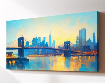 Brooklyn Bridge New York City Landmark Canvas Wall Art, Abstract Oil Painting Watercolor Decor, Art Print for Living Room, Bedroom, Office