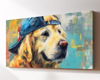 Golden Retriever in Baseball Cap Canvas Wall Art, Dog Pet Oil Painting, Large Framed Canvas Print, Living Room Home Decor Dog Lover Gift