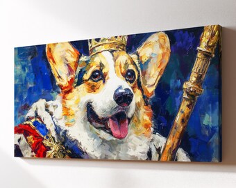 May include: A canvas print of a Corgi dog wearing a gold crown and holding a gold scepter. The dog has a white and tan face with a pink tongue. The background is a dark blue with brushstrokes.