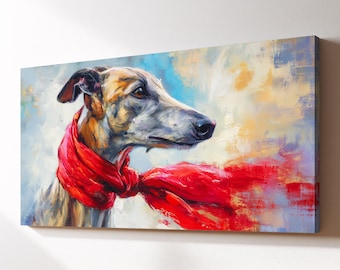 Greyhound Dog With Red Scarf Canvas Wall Art, Whippet Dog Pet Oil Painting, Large Framed Canvas Print, Living Room Home Decor Dog Lover Gift