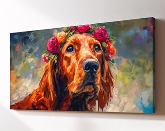 Golden Retriever Flower Crown Canvas Wall Art, Floral Dog Oil Painting, Large Framed Canvas Print, Living Room Home Decor Dog Lover Gift