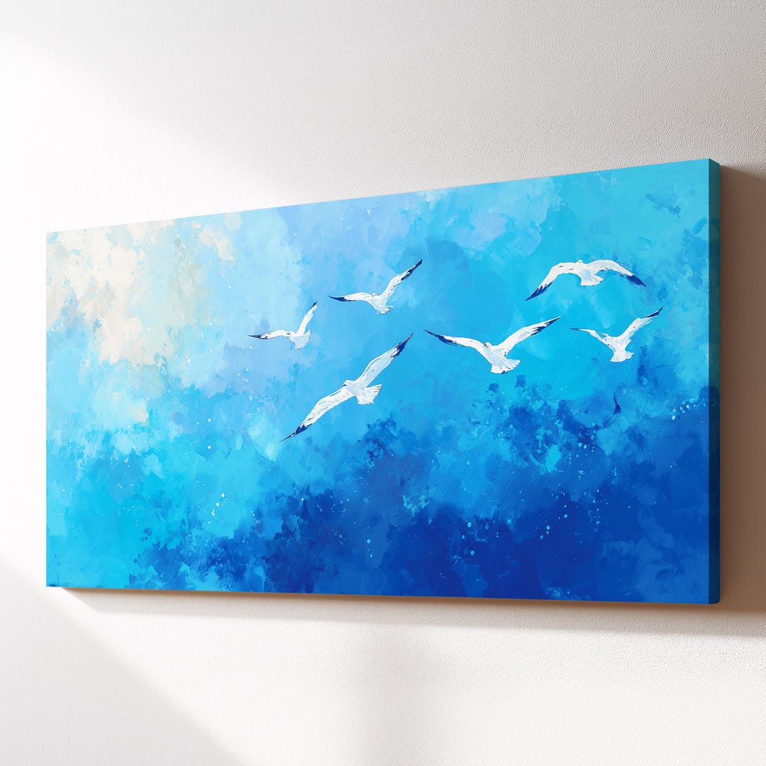 Coastal Seagull Wall Art Canvas Print · Blue Ocean Sky Painting ...