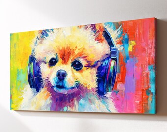 DJ Pomeranian With Headphones Canvas Wall Art, Music Dog Oil Painting, Large Framed Canvas Print, Kids Nursery Home Decor Dog Lover Gift