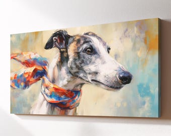 Greyhound Dog With Red Scarf Canvas Wall Art, Whippet Dog Pet Oil Painting, Large Framed Canvas Print, Living Room Home Decor Dog Lover Gift