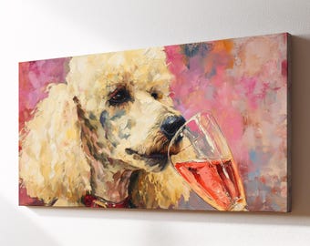 Poodle Champagne Toast Canvas Wall Art, Drinking Wine Dog Pet Oil Painting, Large Framed Canvas Print, Kitchen Bar Home Decor Dog Lover Gift