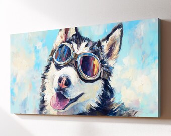 Husky Pilot Wall Art Canvas Wall Art, Aviator Dog Pet Oil Painting, Large Framed Canvas Print, Living Room Home Decor Dog Lover Gift