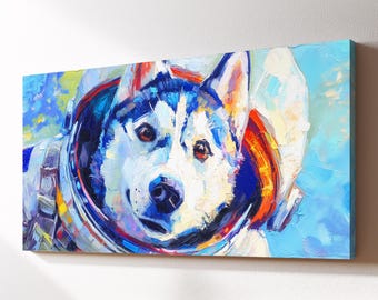 Galaxy Husky Astronaut Canvas Wall Art, Cosmic Space Dog Pet Oil Painting, Large Framed Canvas Print, Living Room Home Decor Dog Lover Gift