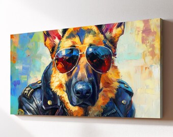 Cool German Shepherd In Sunglasses Canvas Wall Art, Biker Pet Oil Painting, Large Framed Canvas Print, Living Room Home Decor Dog Lover Gift