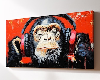 Chimp With Headphones Canvas Wall Art, Abstract Modern Oil Painting, Animal Art Gift, Framed Canvas Print, Home Decor Living Room Bedroom