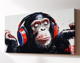 Chimp With Headphones Canvas Wall Art, Abstract Modern Oil Painting, Animal Art Gift, Framed Canvas Print, Home Decor Living Room Bedroom