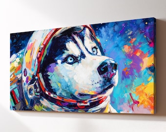 Galaxy Husky Astronaut Canvas Wall Art, Cosmic Space Dog Pet Oil Painting, Large Framed Canvas Print, Living Room Home Decor Dog Lover Gift