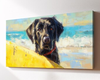 Labrador Retriever Surfboard Canvas Wall Art, Ocean Beach Dog Oil Painting, Large Framed Canvas Print, Living Room Home Decor Dog Lover Gift