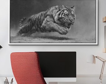 May include: Black and white framed artwork of a tiger in mid-leap. The tiger is depicted with detailed fur and muscular definition, set against a hazy background. The artwork is displayed in a white frame.