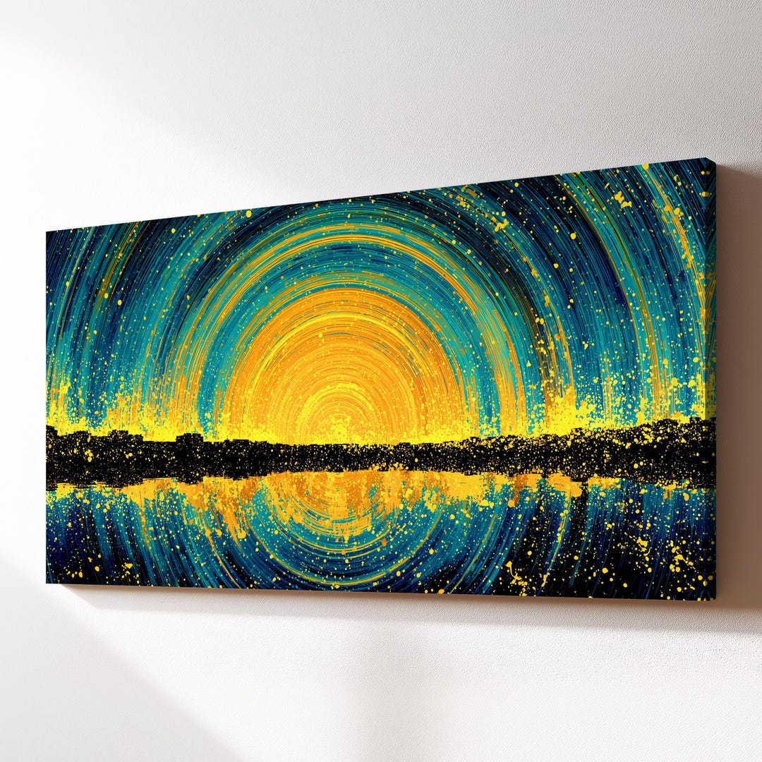 Abstract Sunset Ocean Canvas Wall Art · Teal Blue Gold Circular Sky ...