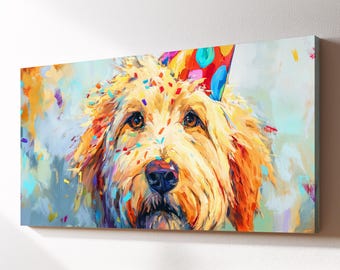 Party Labradoodle Birthday Canvas Wall Art, Doodle Pet Oil Painting, Large Framed Canvas Print, Kids Room Nursery Home Decor Dog Lover Gift