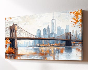 Brooklyn Bridge New York City Landmark Canvas Wall Art, Abstract Oil Painting Watercolor Decor, Art Print for Living Room, Bedroom, Office