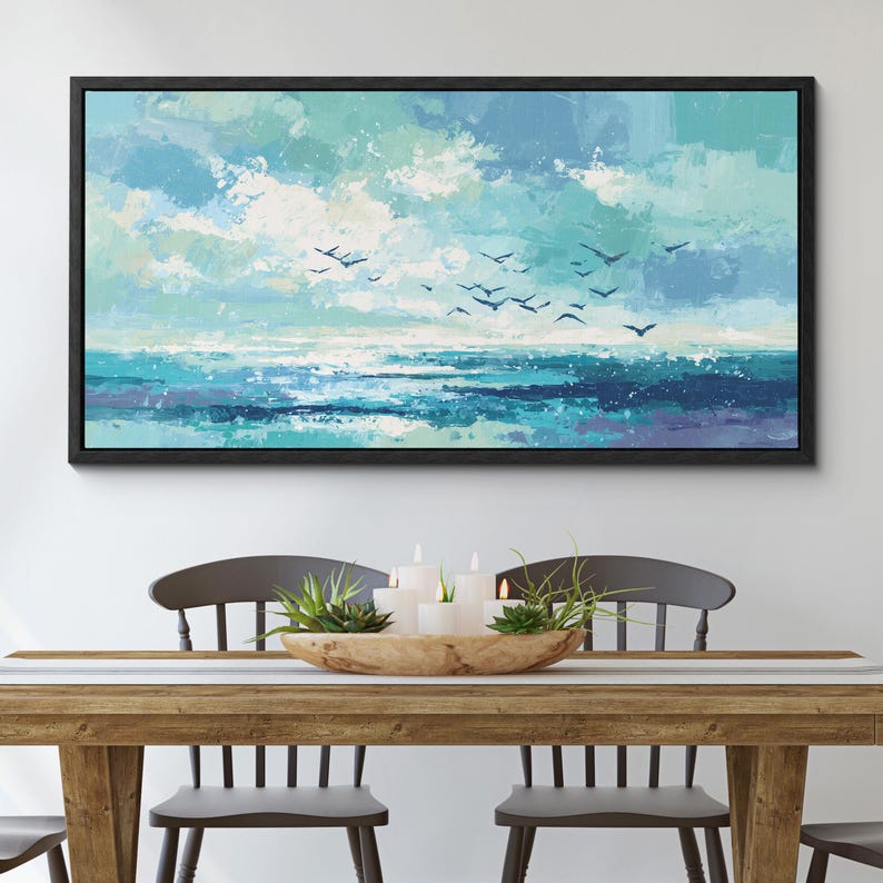 Abstract Nautical Graphics Ocean Wave Canvas Print · Abstract Teal Seascape With Birds · Coastal ...