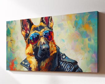 Cool German Shepherd In Sunglasses Canvas Wall Art, Biker Pet Oil Painting, Large Framed Canvas Print, Living Room Home Decor Dog Lover Gift