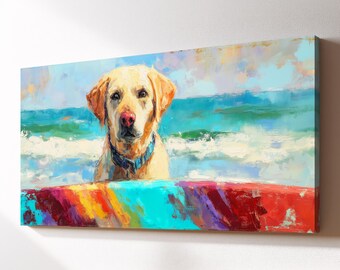 Golden Retriever Surfboard Canvas Wall Art, Ocean Beach Dog Oil Painting, Large Framed Canvas Print, Living Room Home Decor Dog Lover Gift