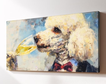 Poodle Champagne Toast Canvas Wall Art, Drinking Wine Dog Pet Oil Painting, Large Framed Canvas Print, Kitchen Bar Home Decor Dog Lover Gift