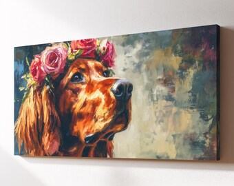 Golden Retriever Flower Crown Canvas Wall Art, Floral Dog Oil Painting, Large Framed Canvas Print, Living Room Home Decor Dog Lover Gift