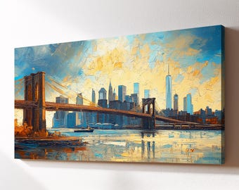 Brooklyn Bridge New York City Landmark Canvas Wall Art, Abstract Oil Painting Watercolor Decor, Art Print for Living Room, Bedroom, Office
